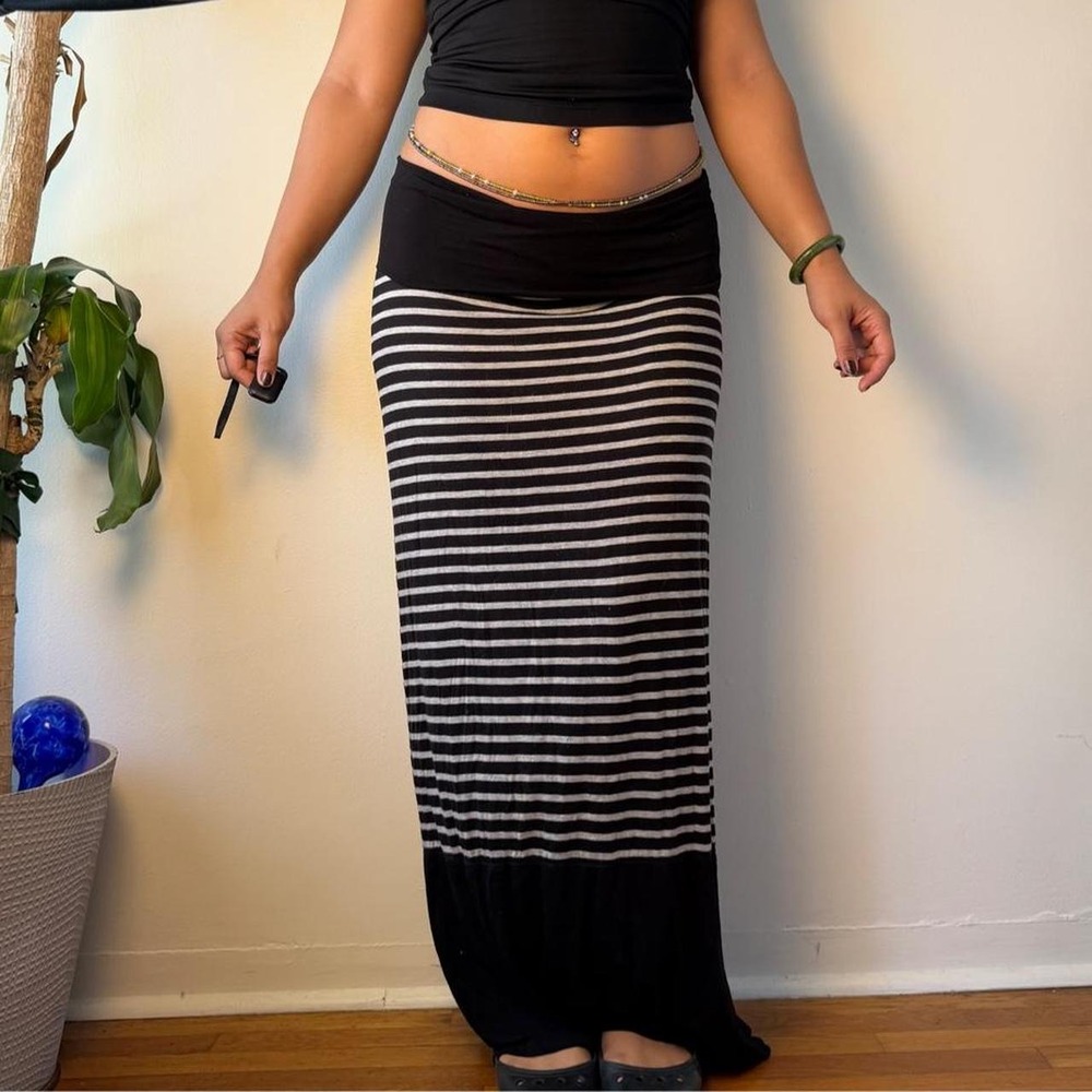 Max Studio Black Grey Striped Maxi Skirt Foldover Waist Boho Indie Sleaze Small